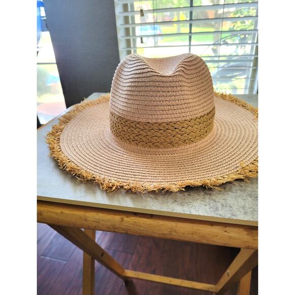 Boho Fringe Edge Woven Straw Panama Sun Hat Pink Tan - Picture 5 of 7